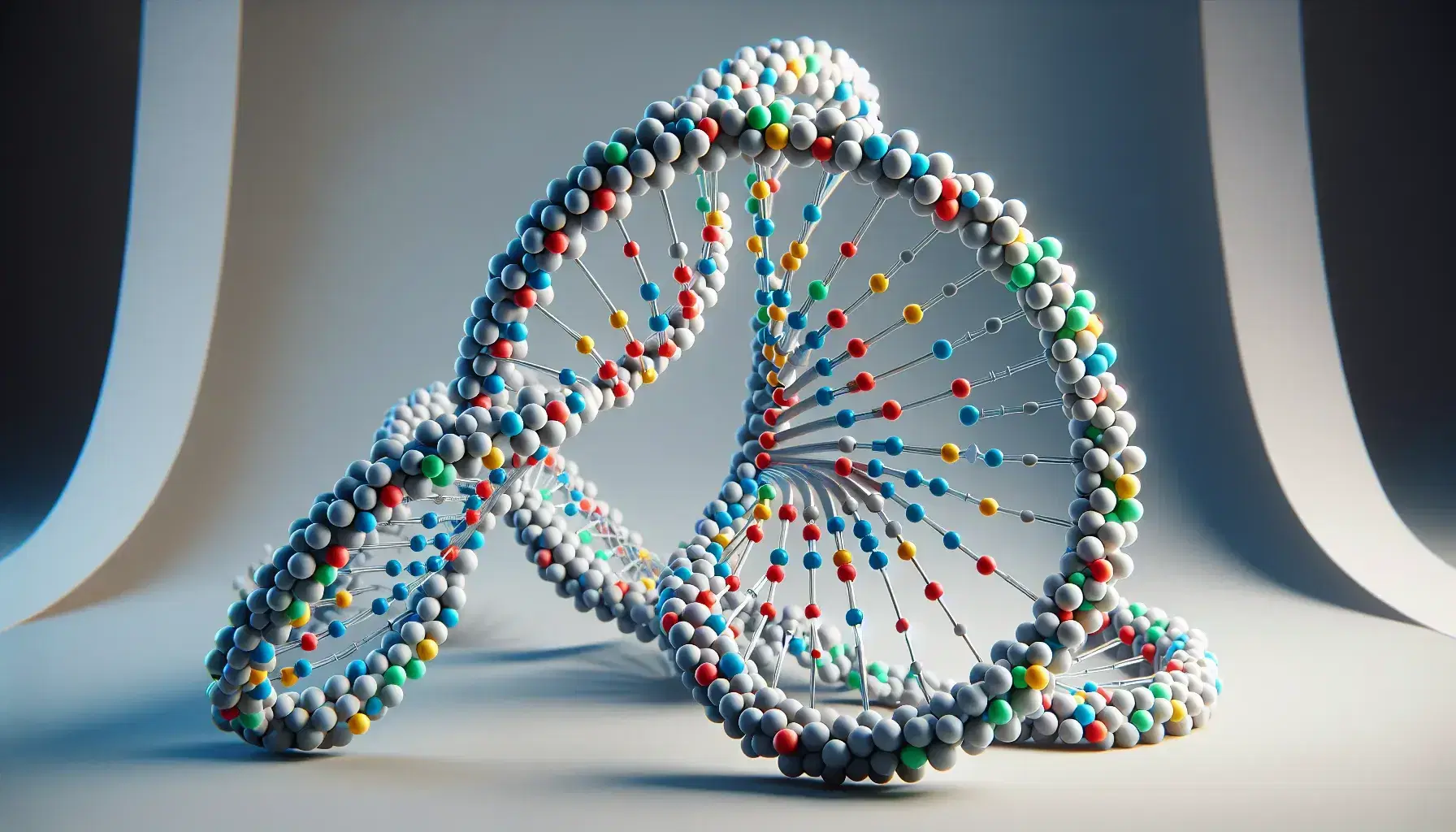 Three-dimensional model of the DNA double helix with colored spheres for nitrogenous bases and intertwined strands for sugars and phosphates.