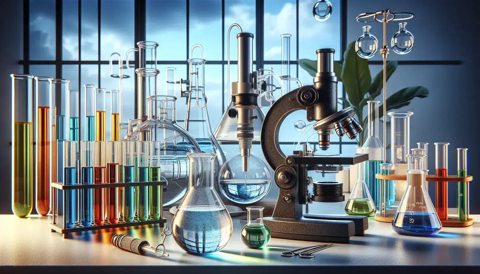 Science laboratory with beaker, Bunsen flame, microscope, colored test tubes and plant on windowsill under blue sky.