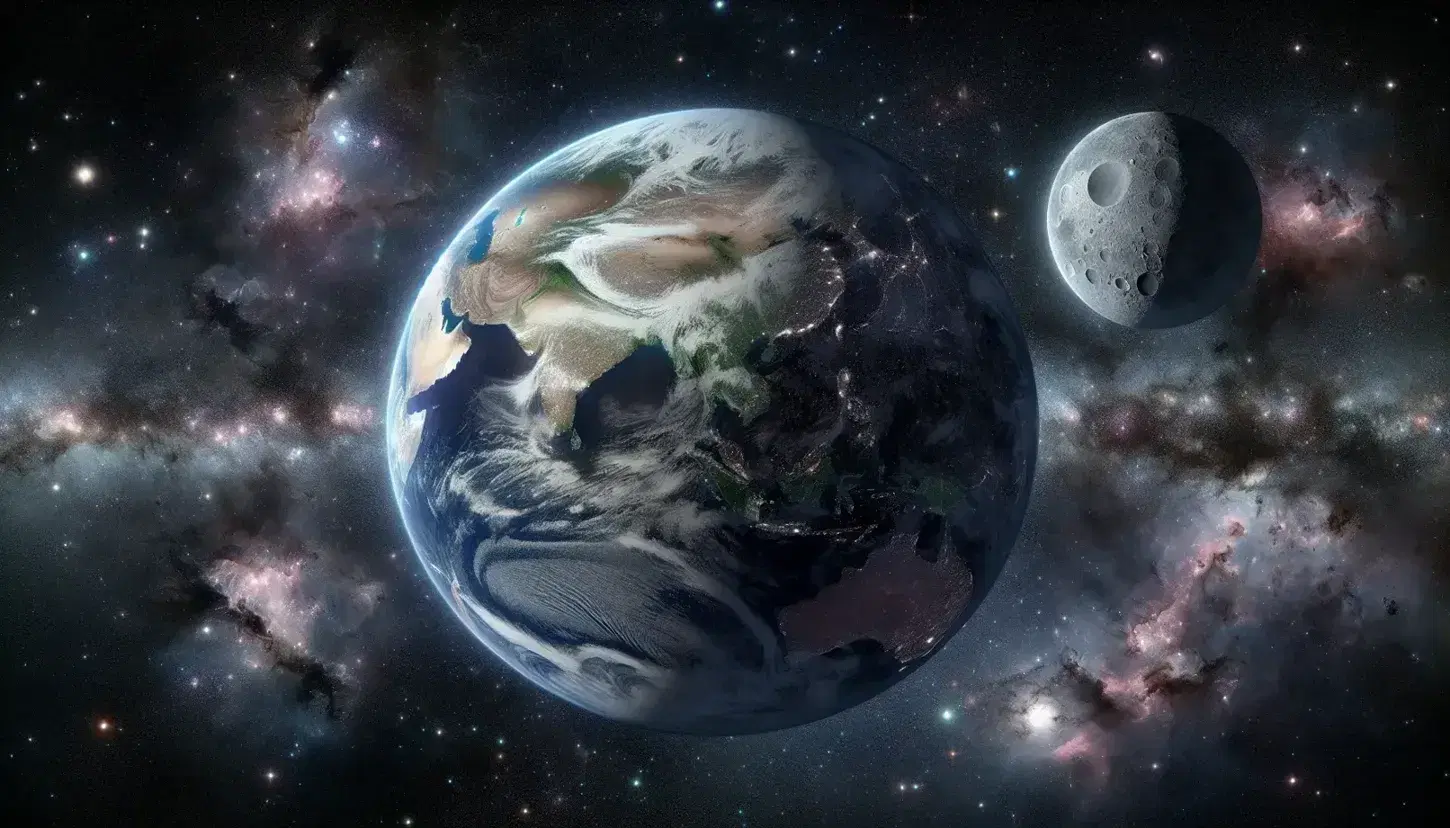 Vista panorámica del espacio con la Tierra y la Luna en primer plano, rodeadas de un campo estelar y una nebulosa rosa y púrpura.