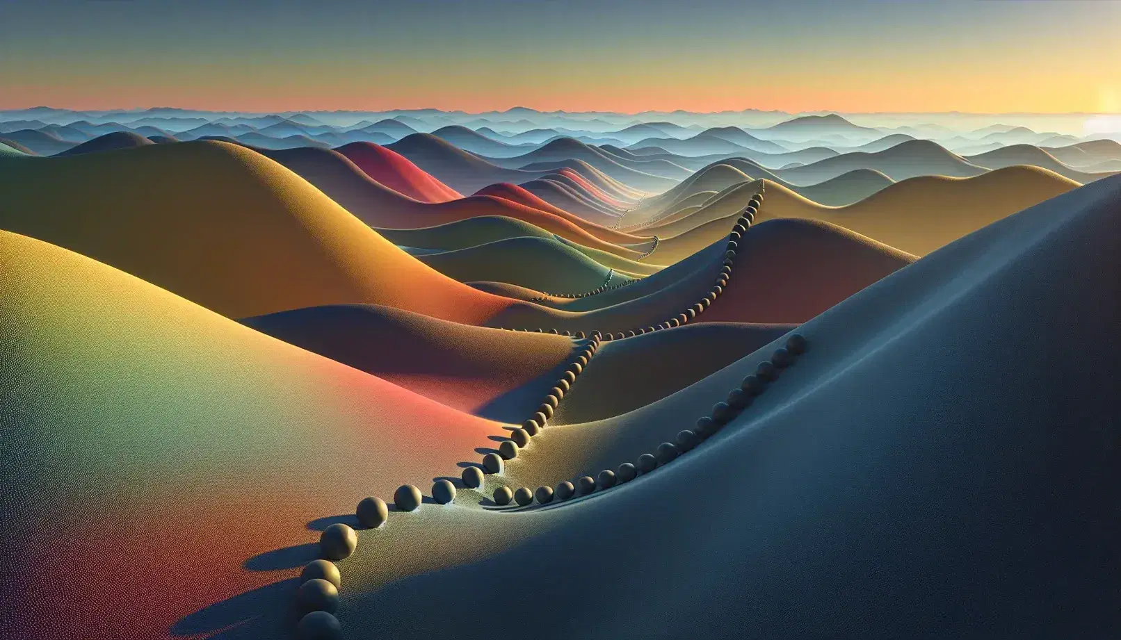 Gradient-colored 3D landscape with rolling hills in blues to reds, a winding path with gray spheres, under a clear blue sky.