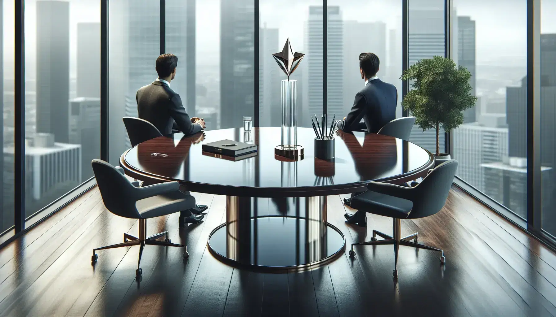 Three professionals in formal attire sit around a mahogany meeting table with a star-shaped trophy and a silver pen, with a cityscape visible through the window.