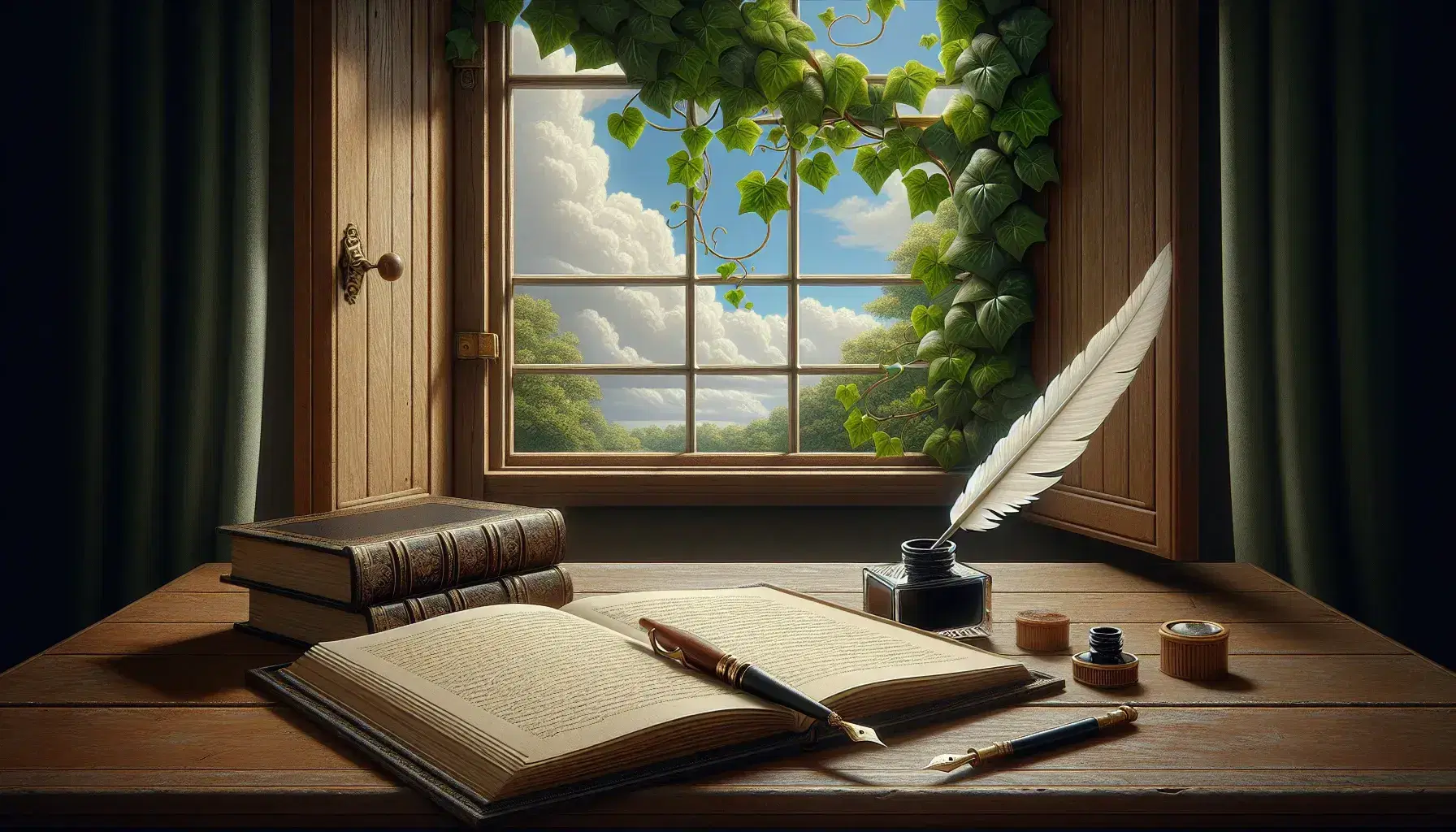 Scrivania in legno scuro con penna d'oca bianca, calamaio nero e libro antico aperto, finestra aperta sul paesaggio verde.