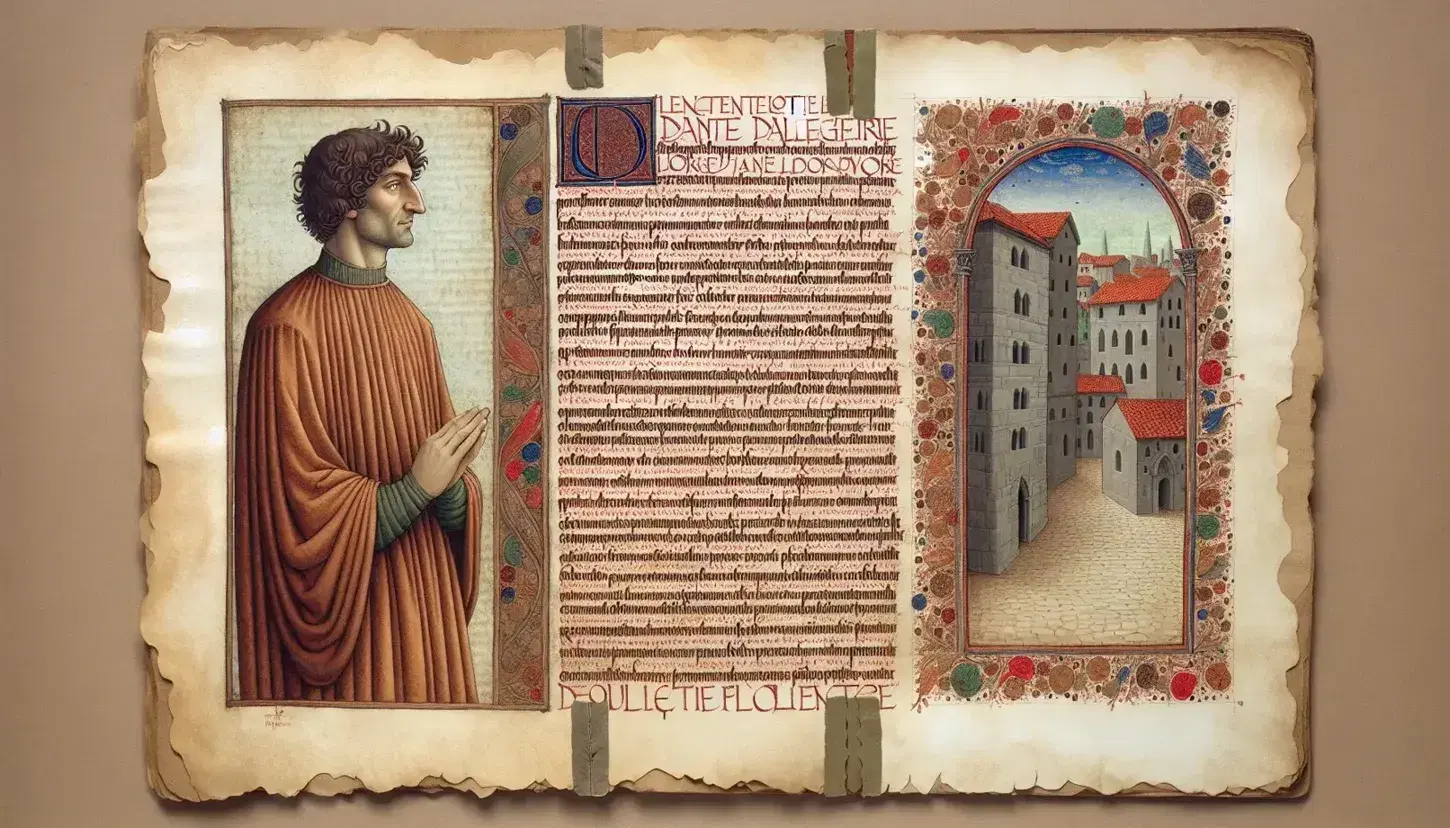 Riproduzione manoscritto medievale con miniatura di Dante Alighieri in abito rosso e città stilizzata, su pergamena invecchiata e calligrafia elegante.