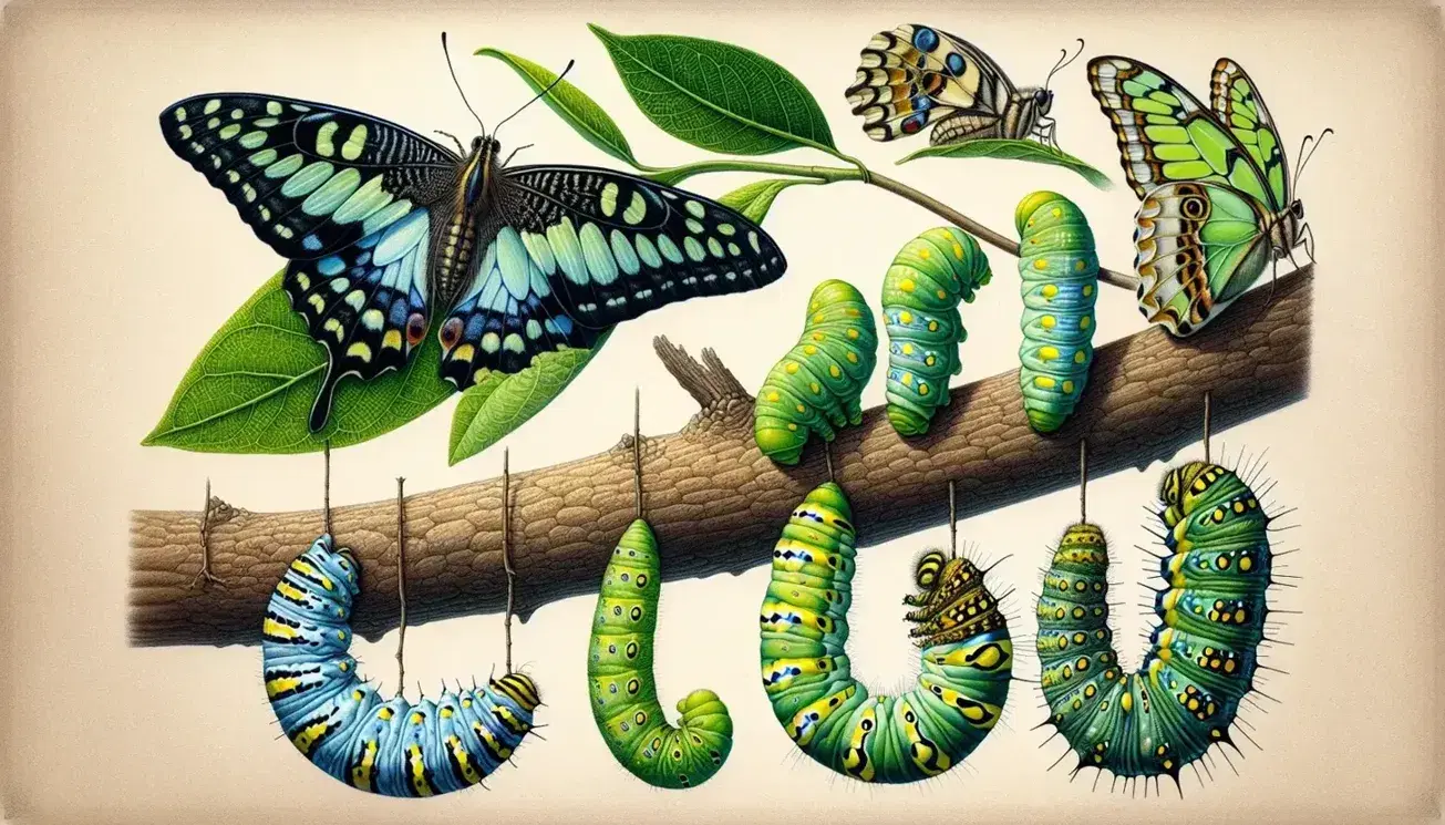 Mariposas y orugas en diferentes etapas de metamorfosis, con una mariposa de alas azules posada en hoja verde, oruga verde masticando hoja y crisálida camuflada colgando de rama.