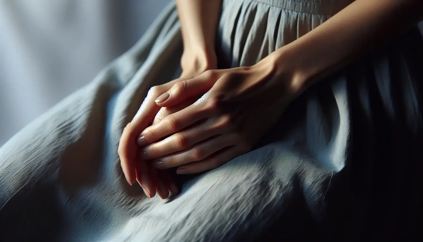 Caucasian woman's clasped hands on lap with blurry blue fabric background, expressing tension or discomfort, without nail polish and soft lighting.