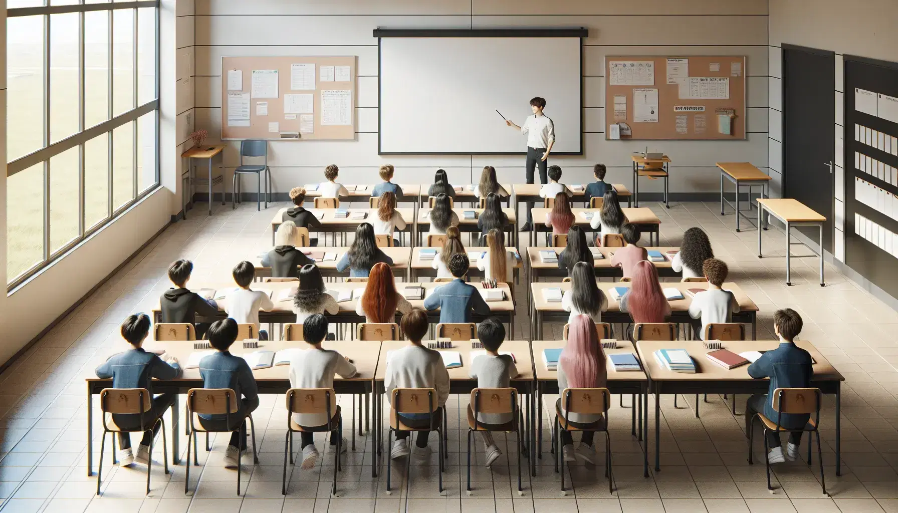 School classroom with different attentive students, sitting at desks with notebooks and pencils, teacher gesturing towards white board.