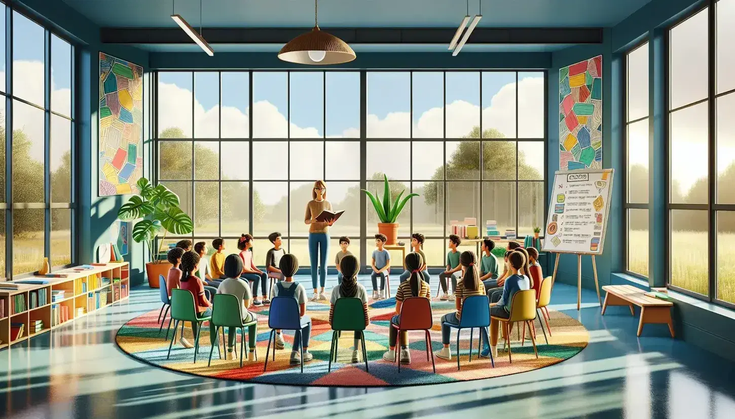 Aula scolastica colorata con studenti di diverse etnie seduti in cerchio e insegnante con libro, pareti decorate e luce naturale.