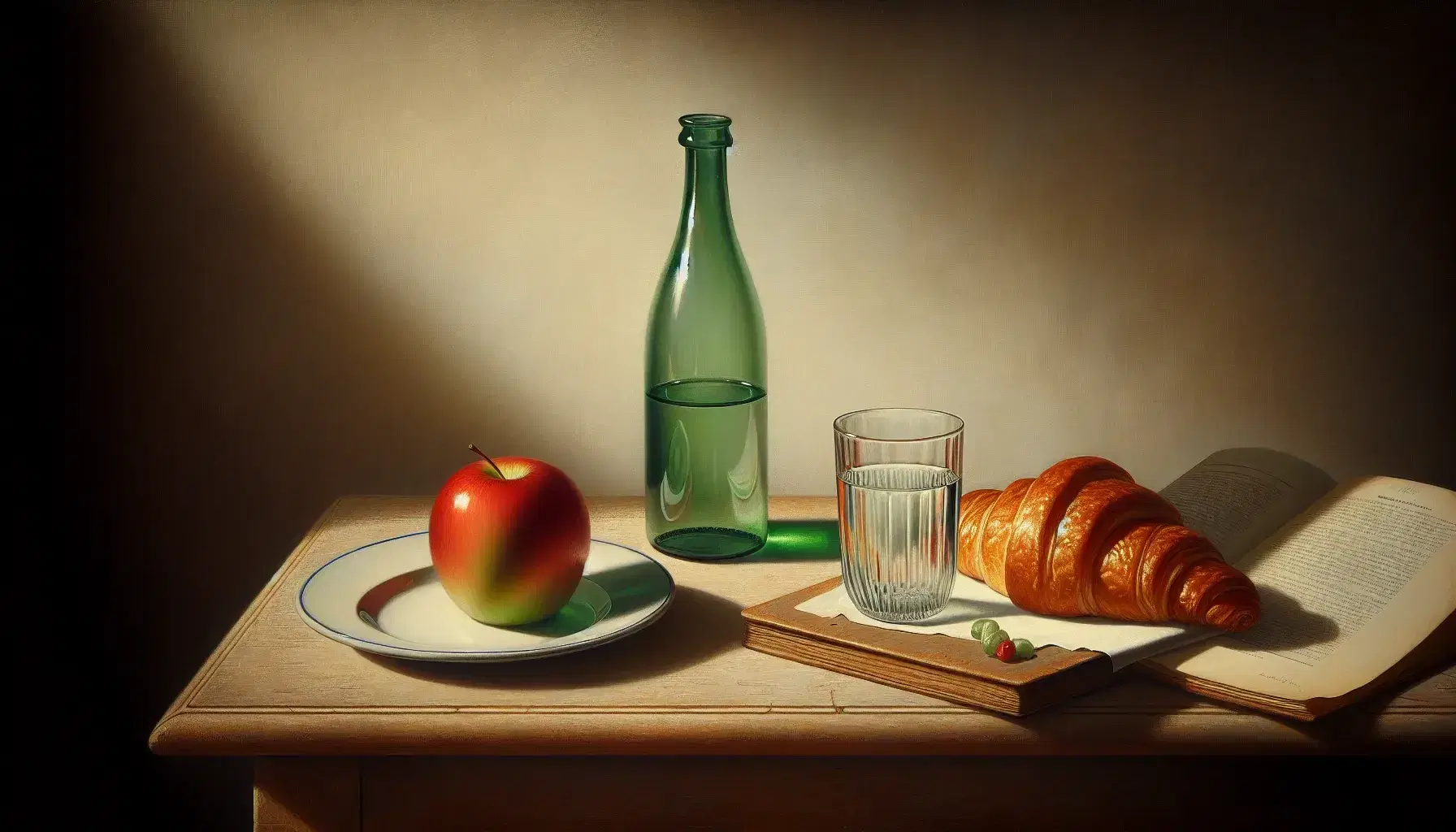 Still life with a shiny red apple, golden-brown croissant on a white plate with blue trim, a glass of water, and an open blue hardcover book on a wooden table.