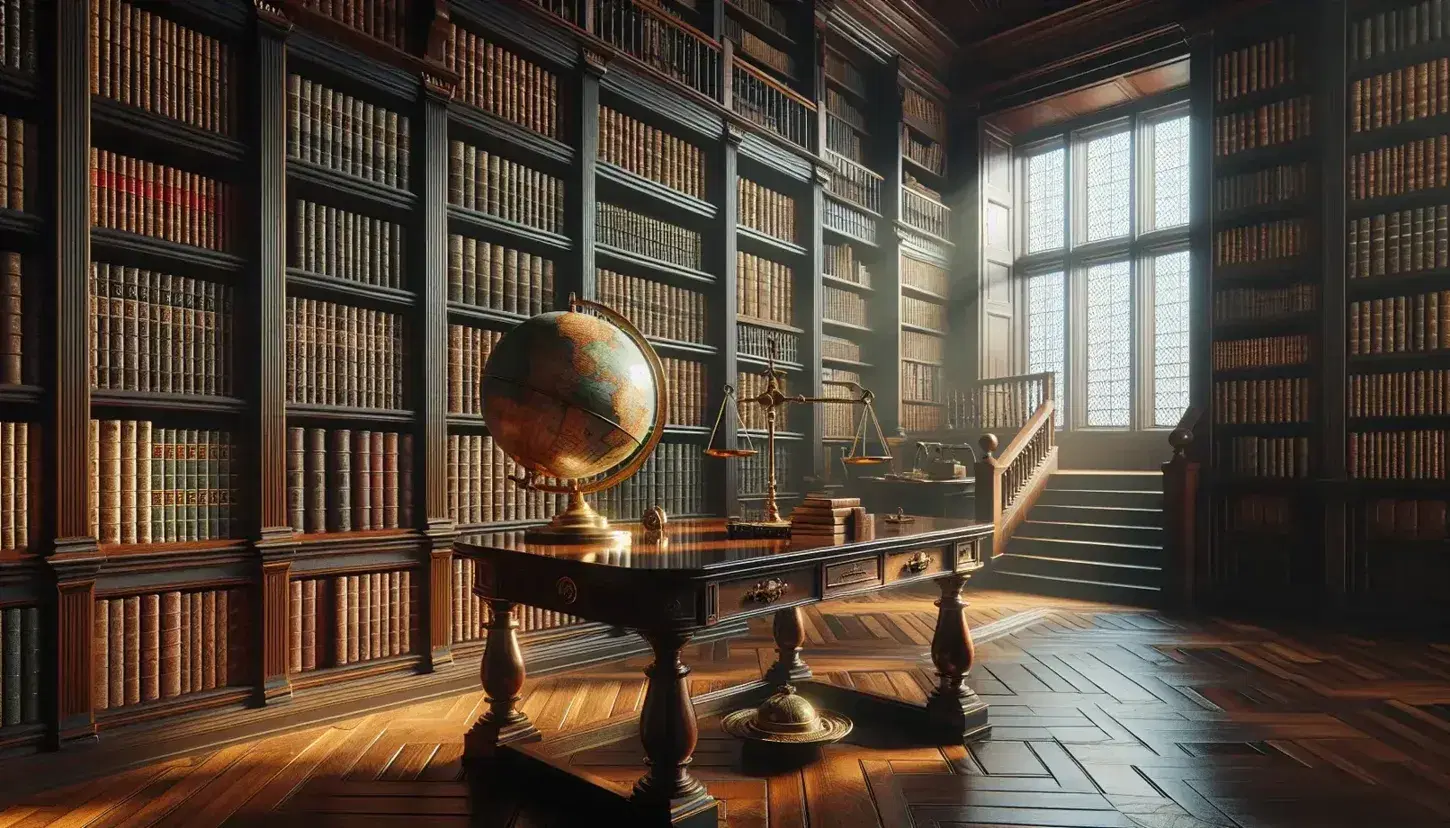 Biblioteca clásica con estanterías de madera oscura llenas de libros encuadernados en cuero, mesa con globo terráqueo antiguo y balanza de bronce, luz natural entrando por ventana alta.