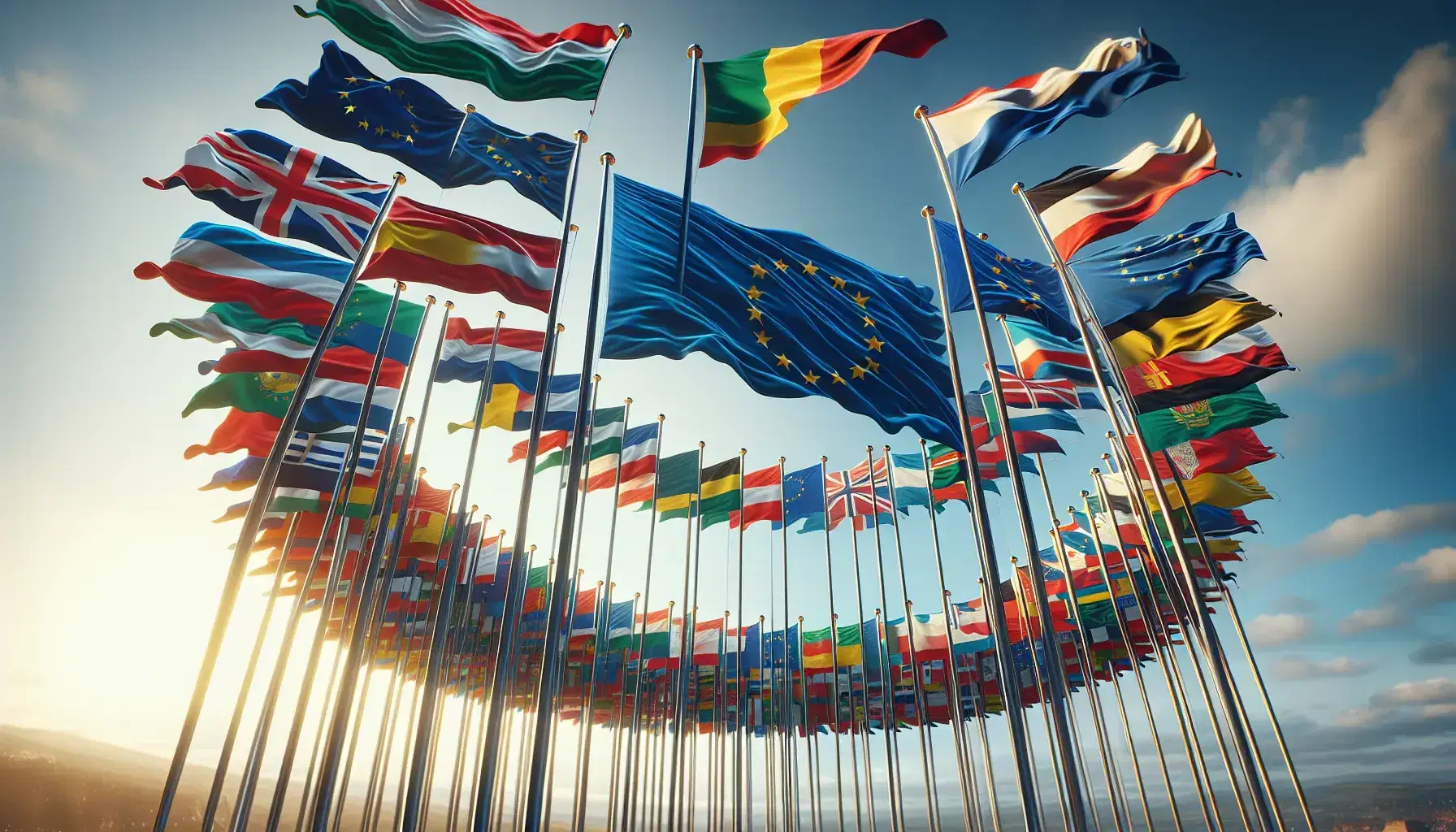 Bandiere nazionali dell'Unione Europea in cerchio con al centro la bandiera UE a stelle dorate su sfondo blu, tutte sventolanti al vento sotto un cielo sereno.