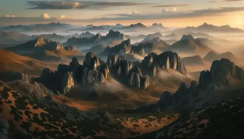 Vista panorámica de montañas españolas al atardecer con formaciones rocosas en primer plano y picos difuminados en la distancia bajo un cielo claro con nubes dispersas.