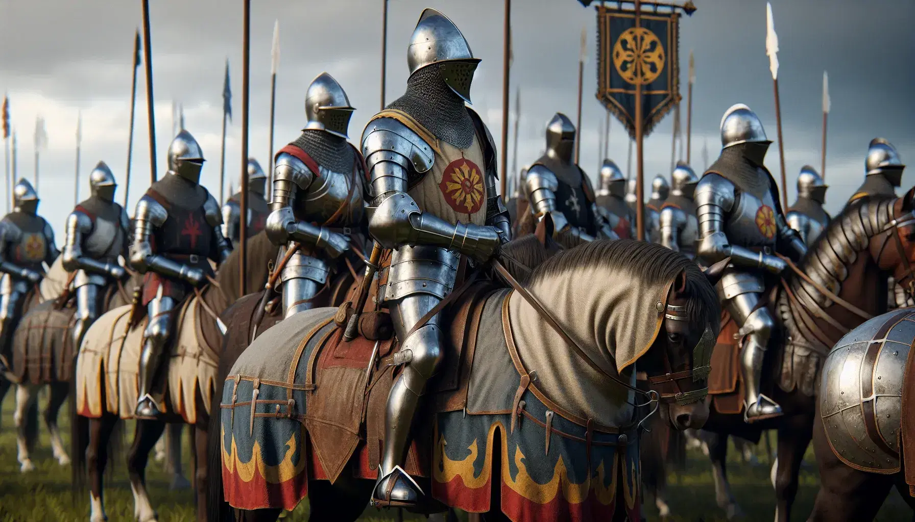 Caballeros medievales a caballo en armaduras metálicas con lanzas y escudos, listos para la batalla en un campo verde bajo un cielo azul claro.