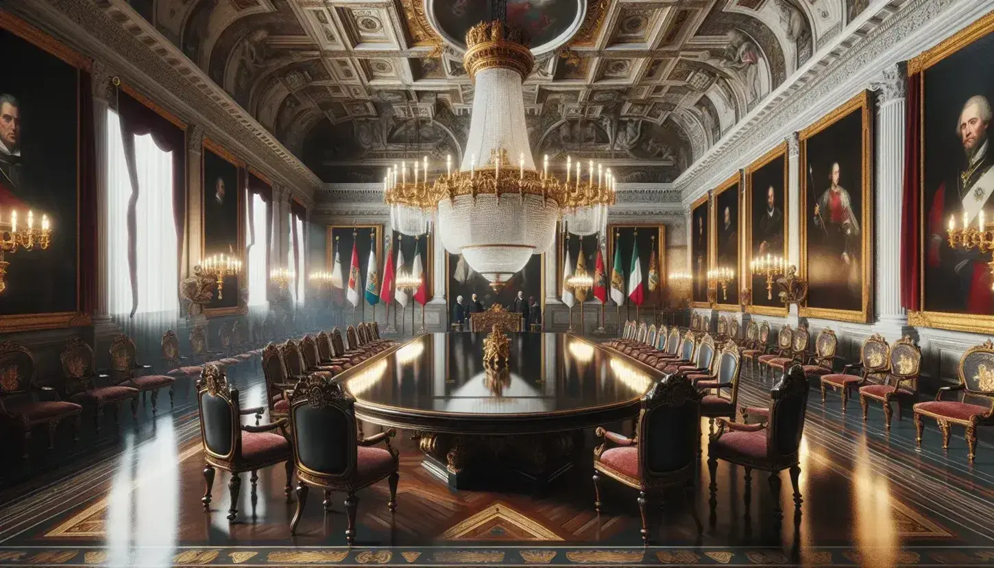 Sala storica con soffitto affrescato, tavolo ovale in legno scuro, sedie imbottite rosse e uomo in abito formale, bandiere sfondo.