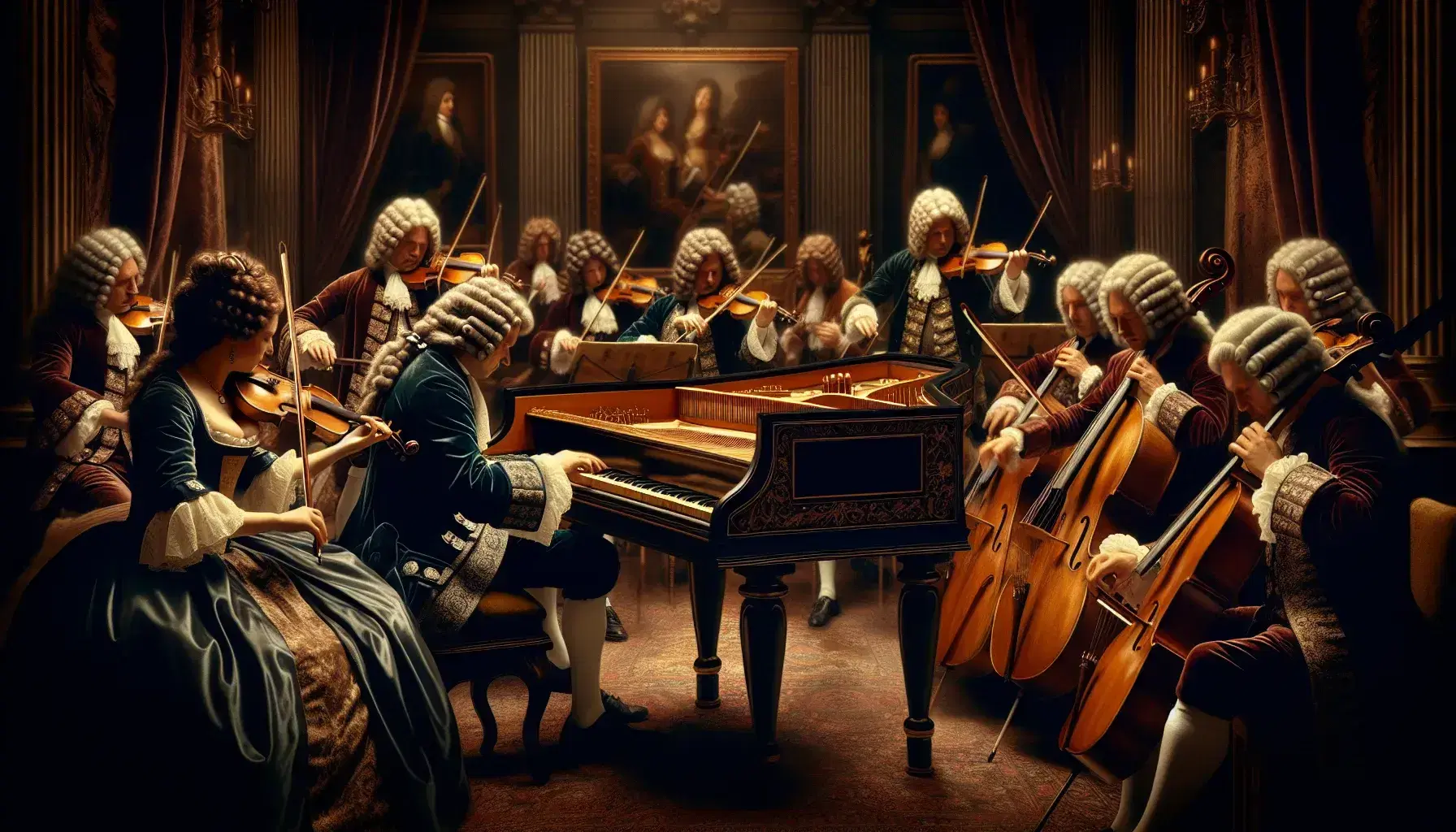 Orchestra barocca in costume esegue con strumenti d'epoca, clavicembalo dorato al centro, violinisti e violoncellista in abiti setosi e vellutati.