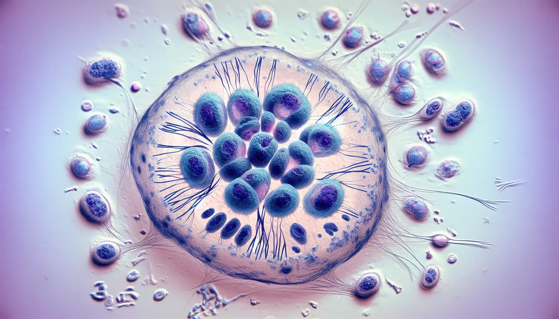 Vista microscópica de células humanas en división mitótica con cromosomas alineados y citocinesis en proceso, teñidas en azul y púrpura sobre fondo rosa pálido.