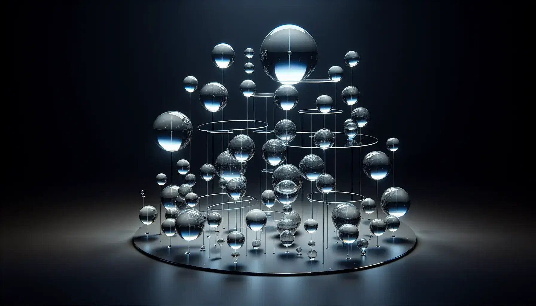 Sfere di vetro trasparenti di diverse dimensioni sospese a varie altezze su sfondo scuro, con riflessi luminosi e fili sottili che le collegano.