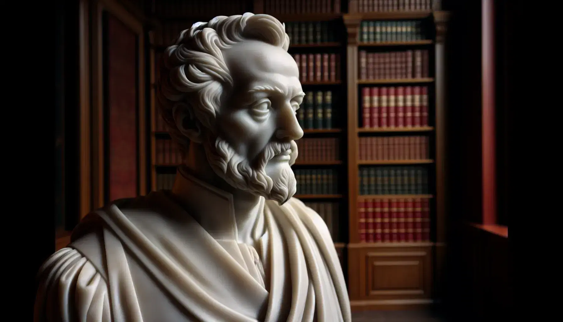 Estatua de mármol blanco de filósofo considerado padre de corriente filosófica, con bigote y barba, frente a biblioteca desenfocada con libros encuadernados.