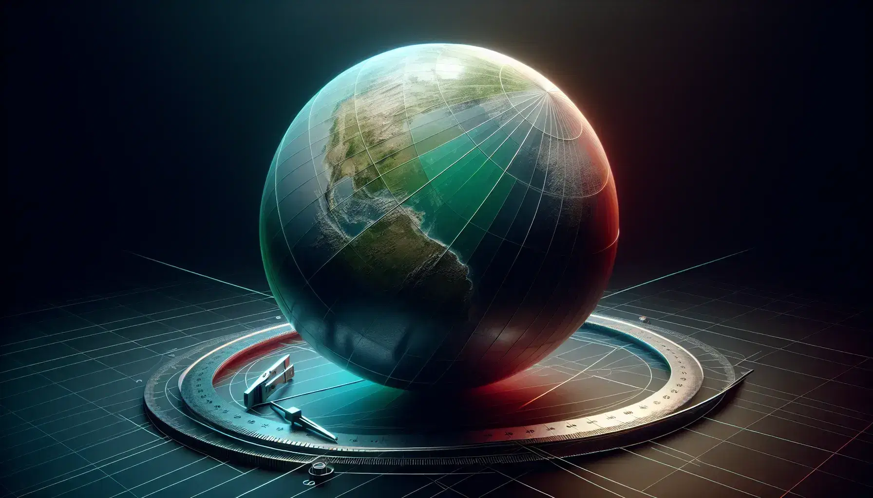 3D-rendered globe with land and water textures, illuminated on one side, encircled by intersecting red, green, and blue planes, with blurred measuring tools in the foreground.