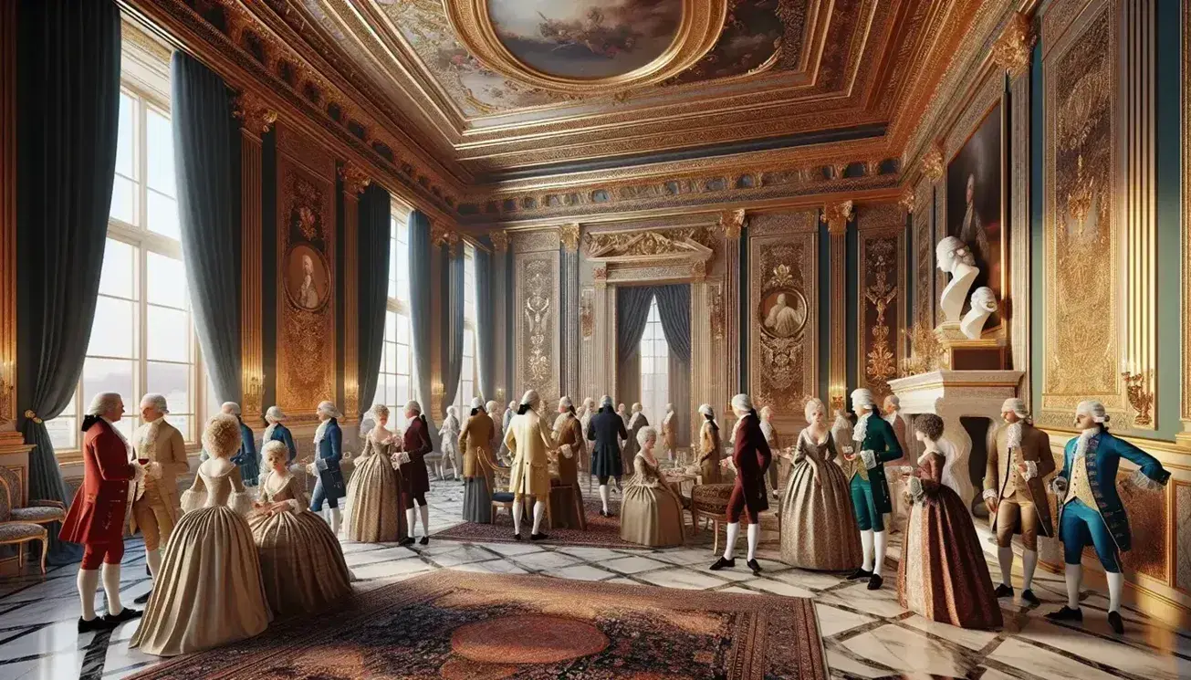 Salón neoclásico con personas en atuendos del siglo XVIII conversando, detalles dorados en paredes, grandes ventanas y mobiliario lujoso.