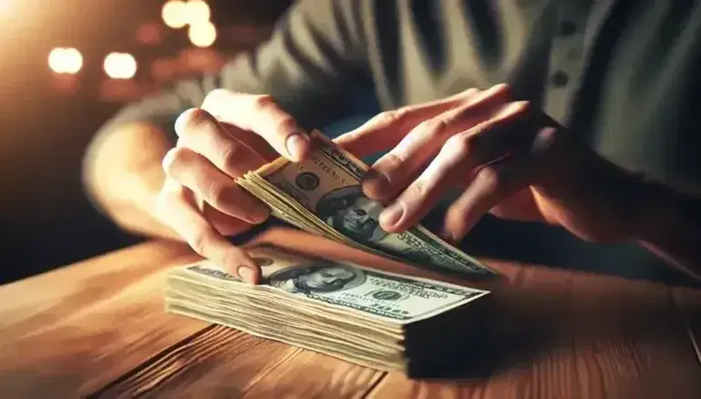 Close-up view of hands counting a stack of various denominations of US dollar bills on a wooden table with warm lighting.