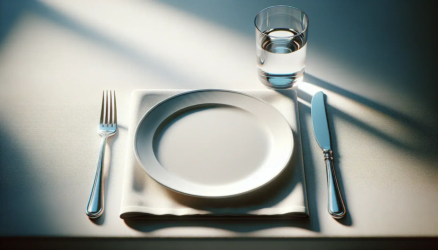 Elegant table setting with empty white plate, silver fork and knife, half full glass of water on white tablecloth, natural lighting.