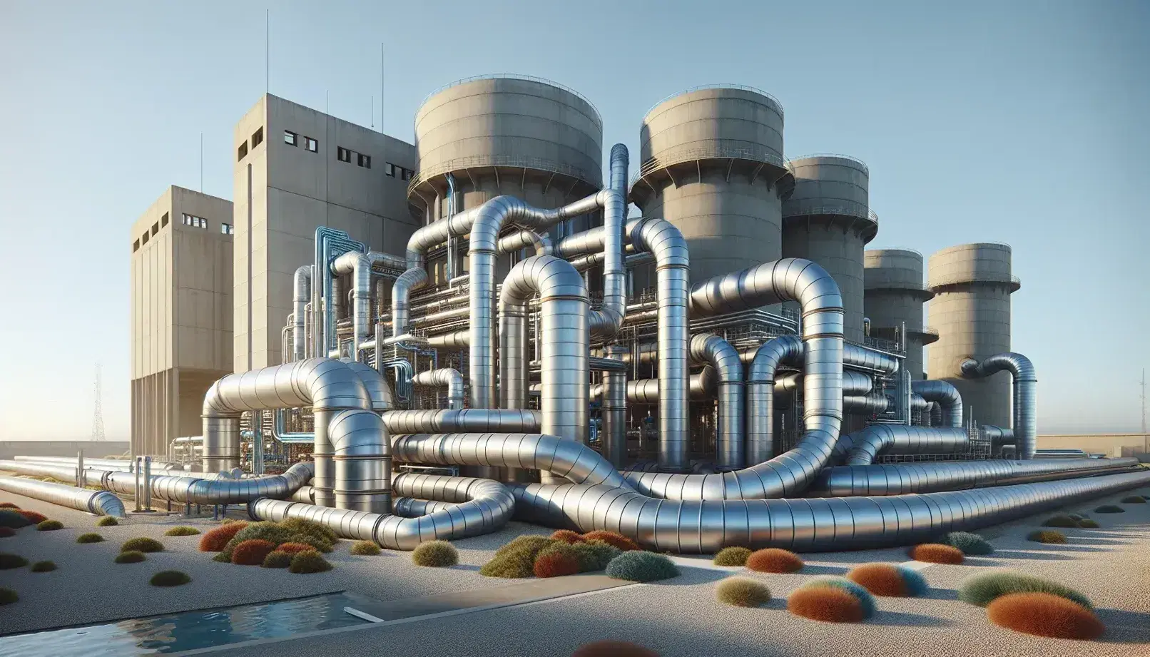 Infraestructura hídrica con tuberías metálicas y tanques cilíndricos azules ante edificio de tratamiento de agua, bajo cielo azul.