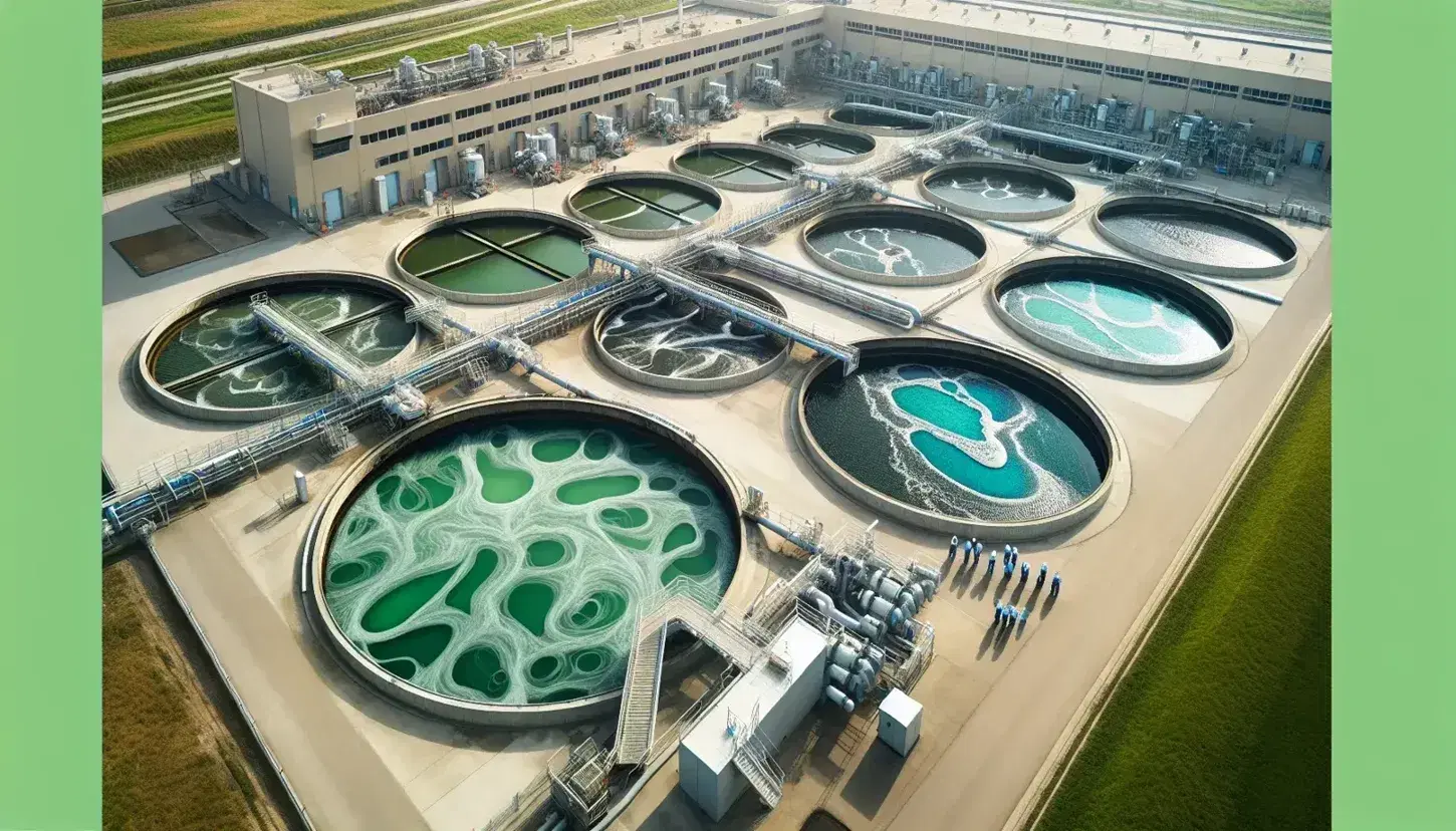 Vista aérea de planta de tratamiento de aguas residuales con tanques circulares y técnicos supervisando, rodeada de áreas verdes y estructuras sin ventanas en día soleado.