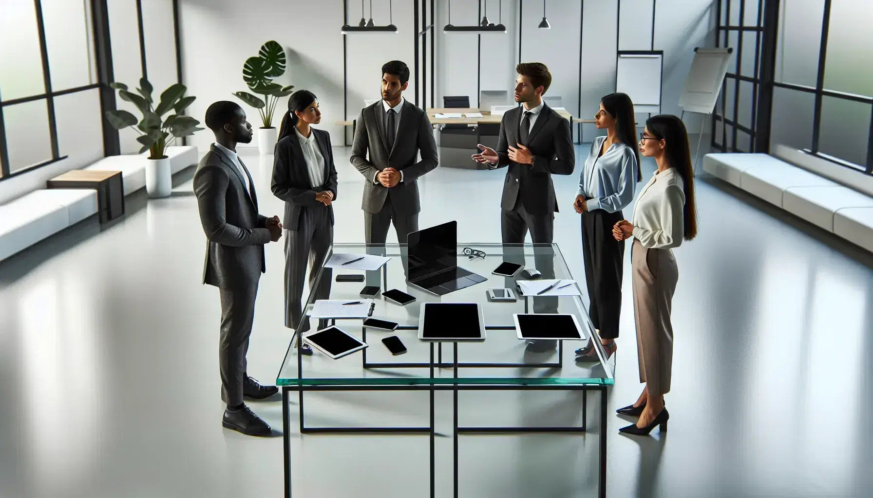 Grupo de cinco profesionales diversos en oficina moderna discutiendo alrededor de una mesa de vidrio con dispositivos electrónicos y planta verde.
