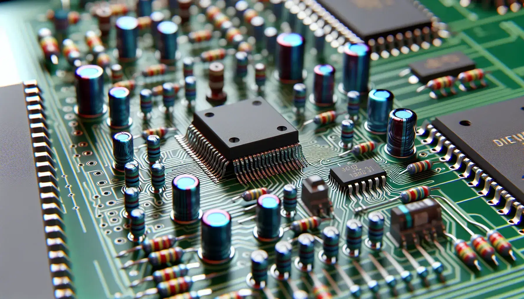 Close-up of a demultiplexing board with central integrated circuit, colored resistors, capacitors and diodes on a green base.