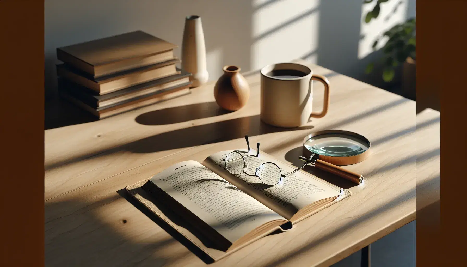 Mesa de madera clara con libro abierto, lentes negros, lupa con mango de madera y taza blanca con café bajo luz natural suave.