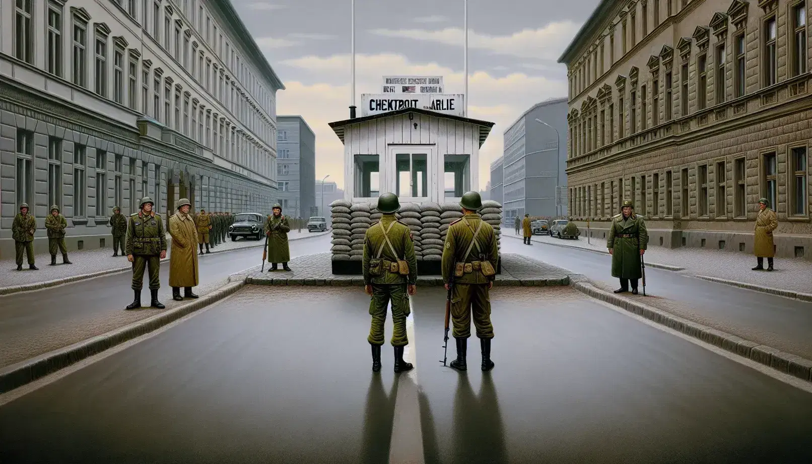 Checkpoint Charlie durante la Guerra Fredda con soldati americani e sovietici in posizione di guardia e la casa di controllo al centro.