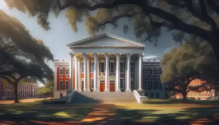 Historic University of Mississippi Lyceum building with white columns, red brick facade and blue sky, surrounded by trees and green lawn.