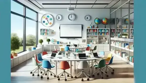 Aula moderna y luminosa con mesa redonda central rodeada de sillas ergonómicas de colores, dispositivos electrónicos, pizarra blanca, estantería con libros y objetos educativos, grandes ventanas con vista a árboles y cielo azul.