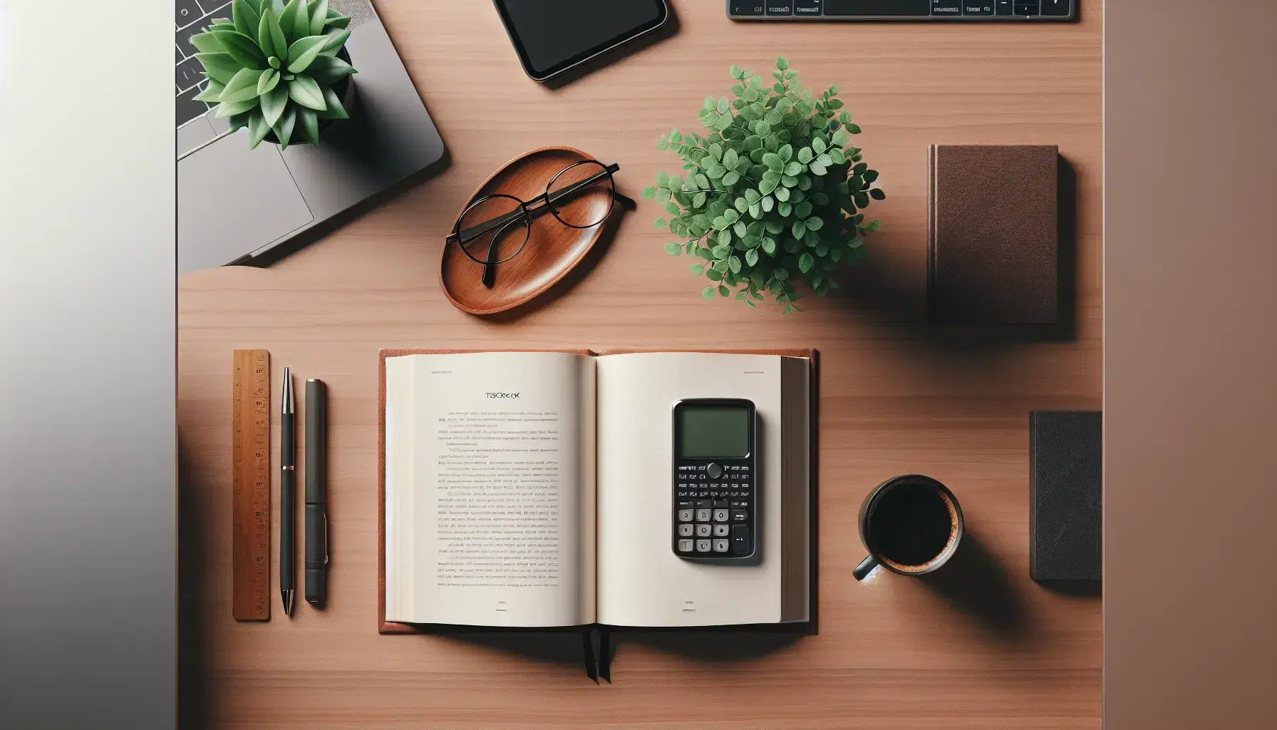 Top-down view of an organized office desk with an open blank book, modern calculator, black eyeglasses, potted plant, and a cup of coffee on a wooden surface.