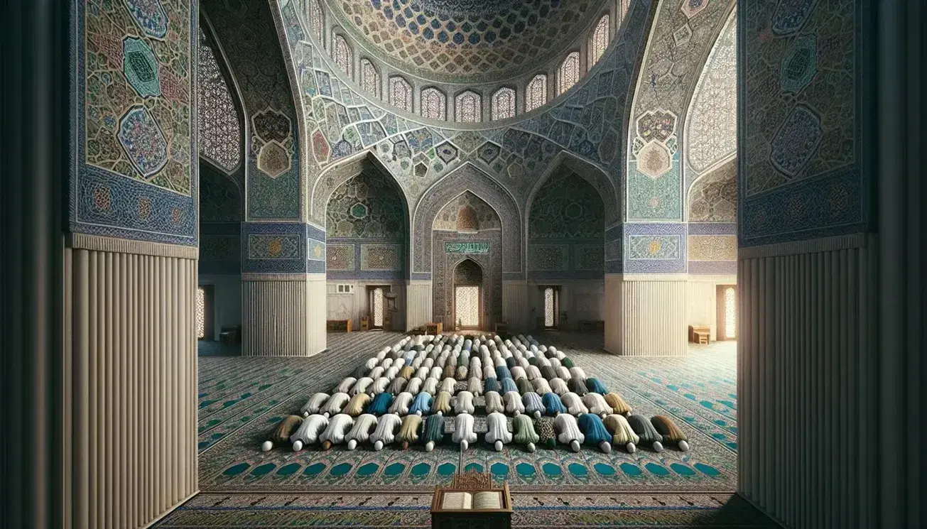 Interno di una moschea con fedeli in preghiera su tappeto ornato, pareti decorate con mosaici e cupola illuminata da luce soffusa.