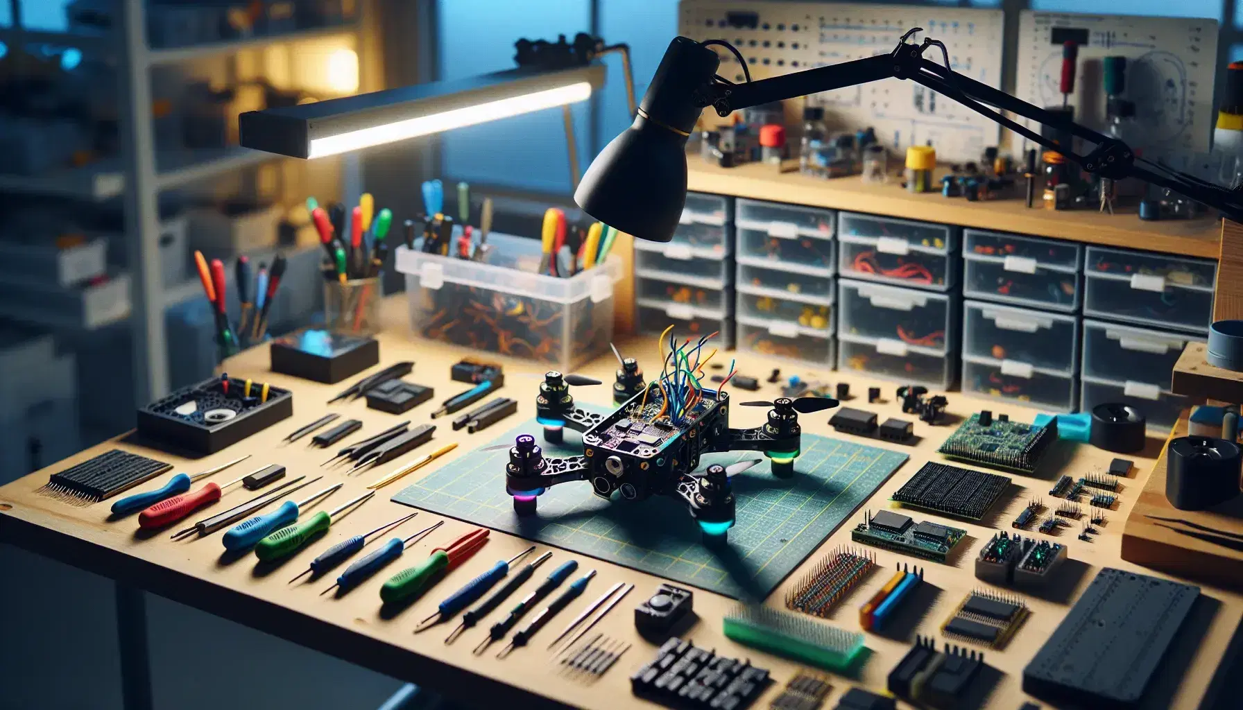 Mesa de trabajo iluminada con prototipo de dispositivo electrónico, herramientas de precisión y componentes electrónicos variados en un taller de diseño.