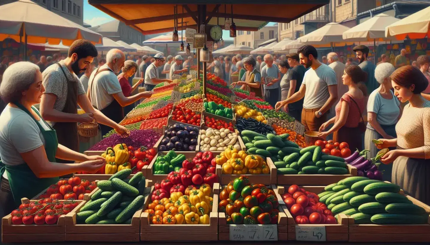 Vibrant outdoor market with colorful fresh produce on stands, vendors interacting with diverse customers, under a clear sky.