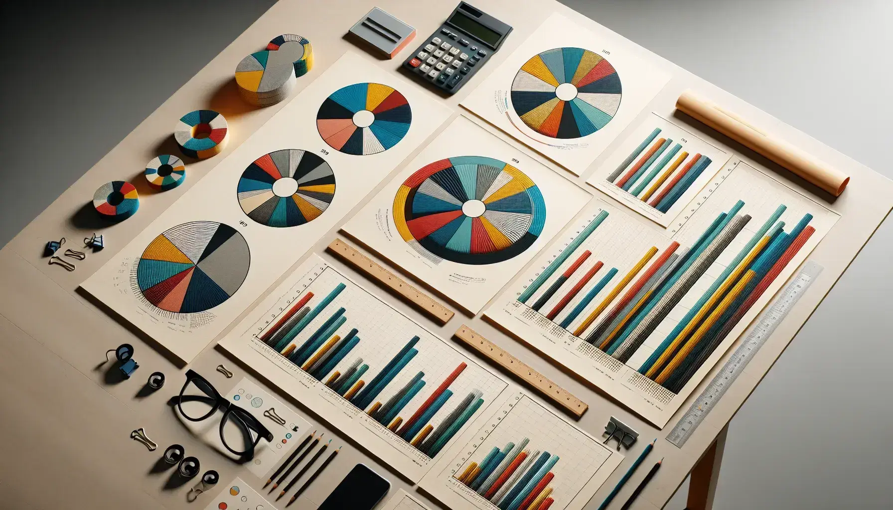 Gráficos circulares y de barras en tonos azules, rojos y verdes sobre fondo neutro, con calculadora, gafas y regla sobre mesa de madera.
