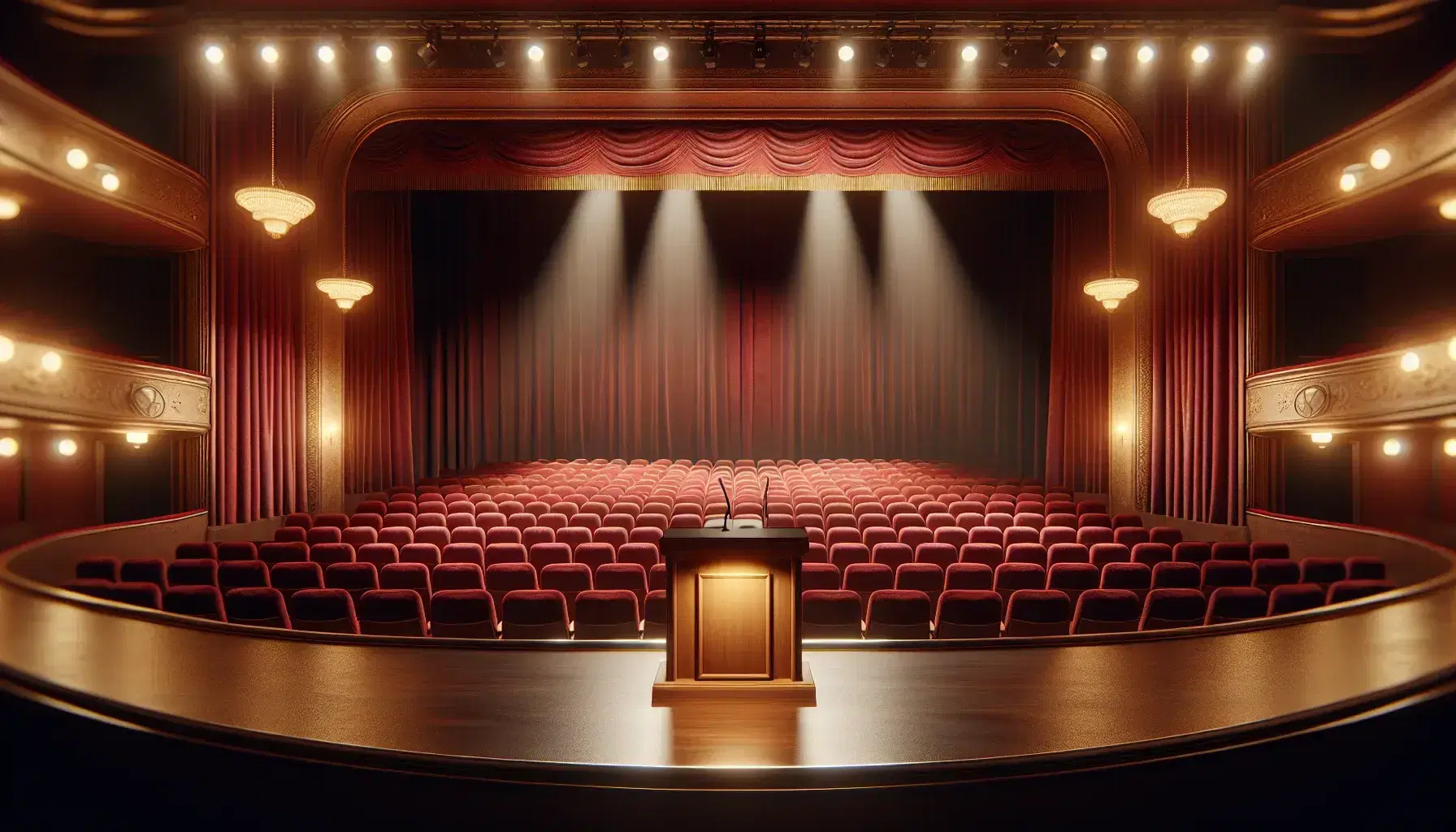 Escenario de teatro vacío con asientos de terciopelo rojo, un podio de madera y sillas a juego bajo una iluminación cálida, listo para una actuación.