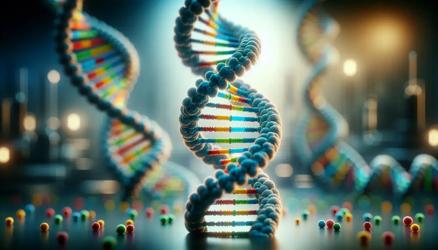 Detailed 3D model of DNA double helix with colored base pairs and sugar-phosphate backbone in a blurred laboratory setting.