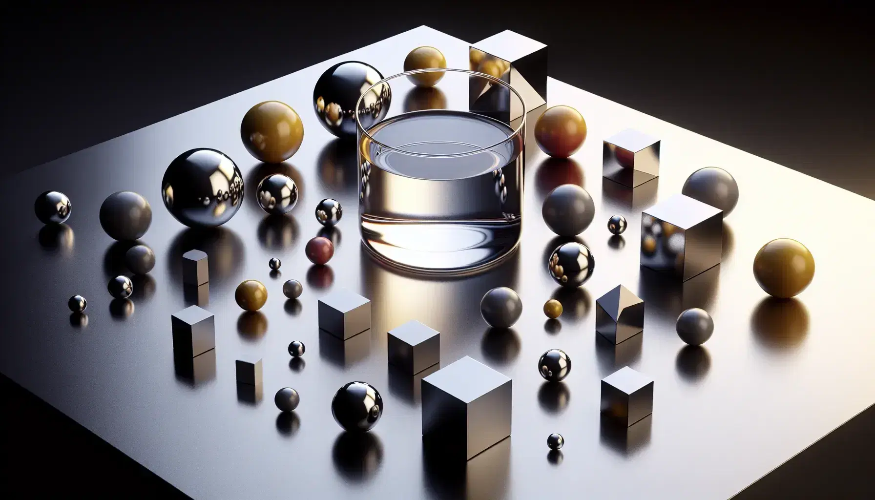Polished metallic surface with an array of red, blue, yellow spheres, green, orange, purple cubes, white pyramids, and a beaker with clear liquid.