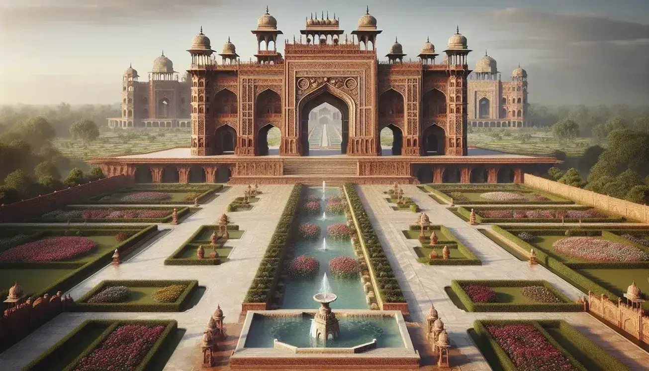 Majestic Mughal-era sandstone gateway with intricate carvings, leading to a lush garden with a marble fountain and a palatial backdrop under a clear sky.