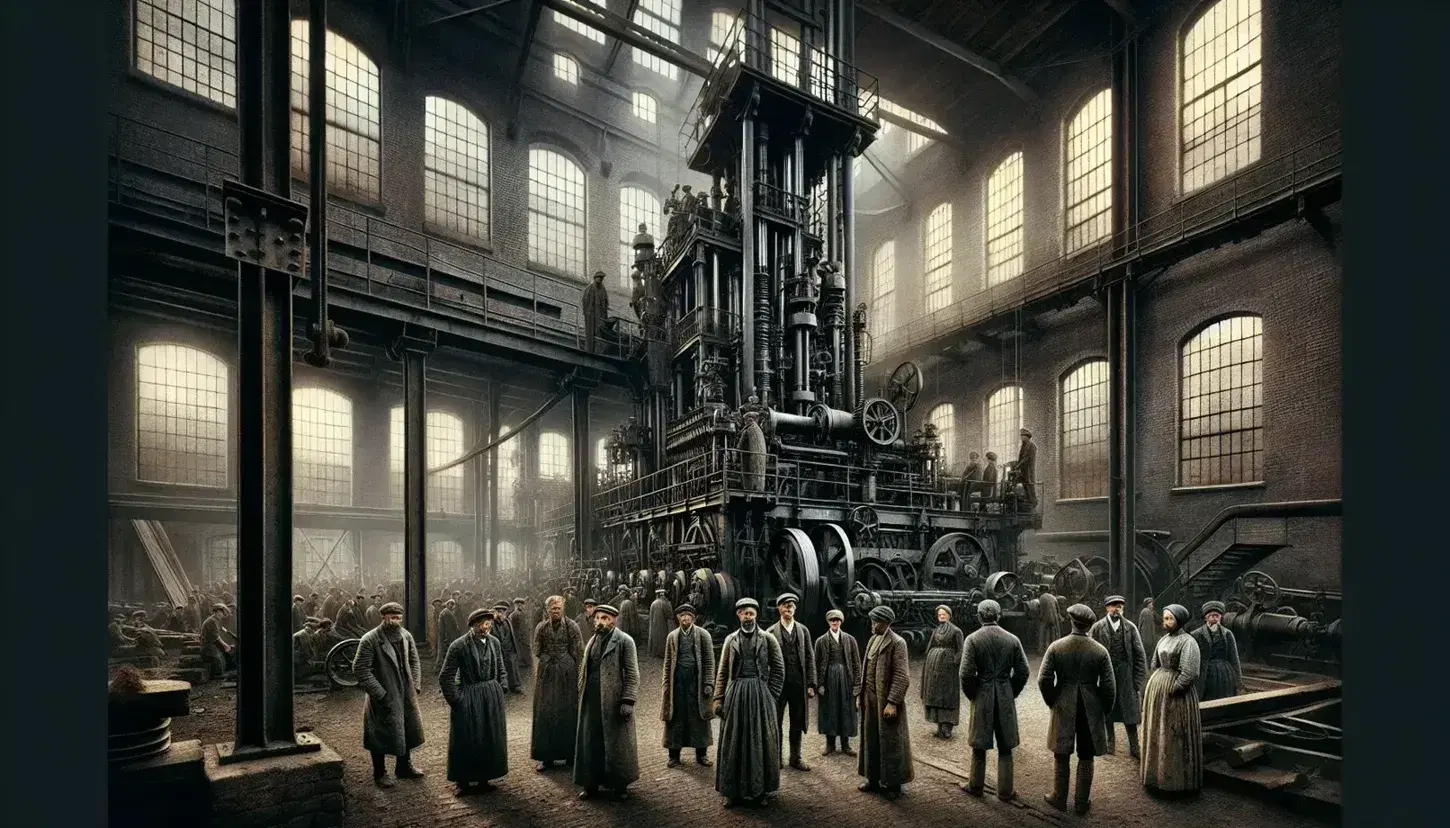 Industrial Revolution-era factory scene with weary workers in front of textile machinery, dimly lit by tall arched windows in a soot-stained brick interior.