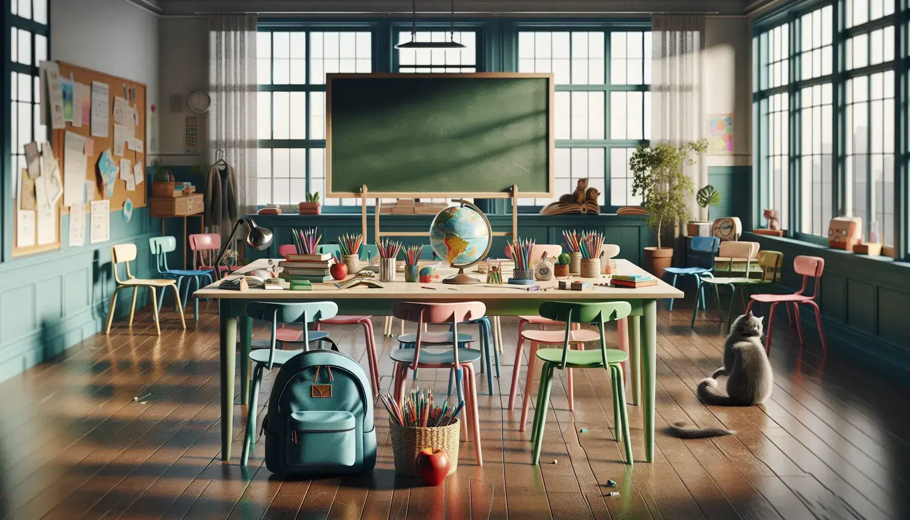 Aula scolastica colorata con tavolo e sedie pastello, mela rossa, globo, pianta, occhiali e libro aperto, lavagna verde, zaino, cestino di pennarelli e gatto che osserva una farfalla.
