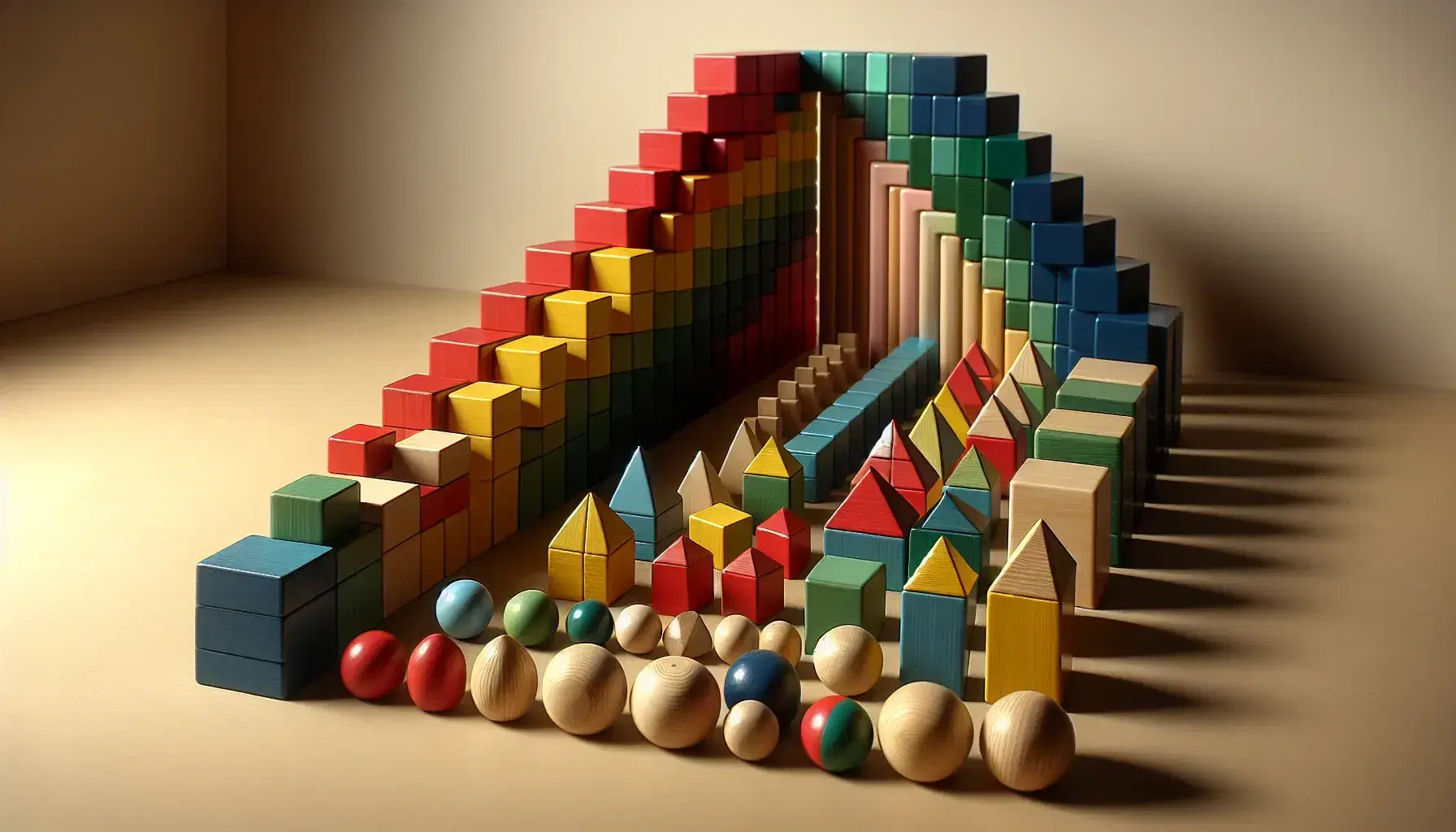 Bloques geométricos de madera en colores primarios y esferas alineados en superficie lisa, con estructura de arco al fondo.