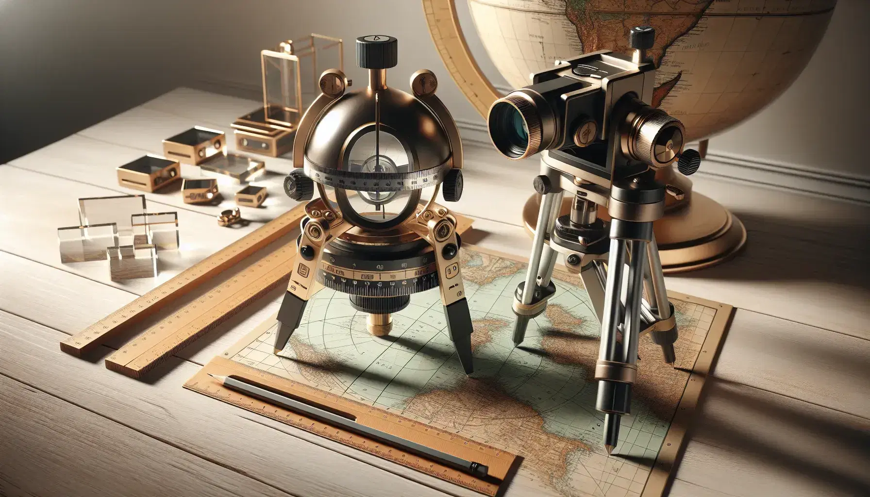 Tavolo in legno chiaro con bussola topografica, teodolite moderno su treppiede, righello, matita e squadrette trasparenti, planisfero senza nomi in sfondo.