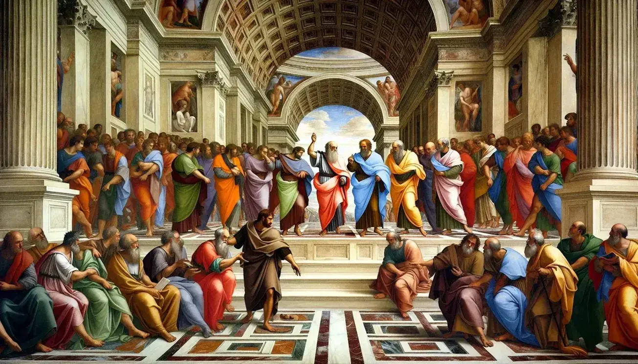 Platone con tunica rossa e Aristotele in blu discutono al centro del fresco rinascimentale "La Scuola di Atene" di Raffaello, circondati da filosofi in un'architettura maestosa.