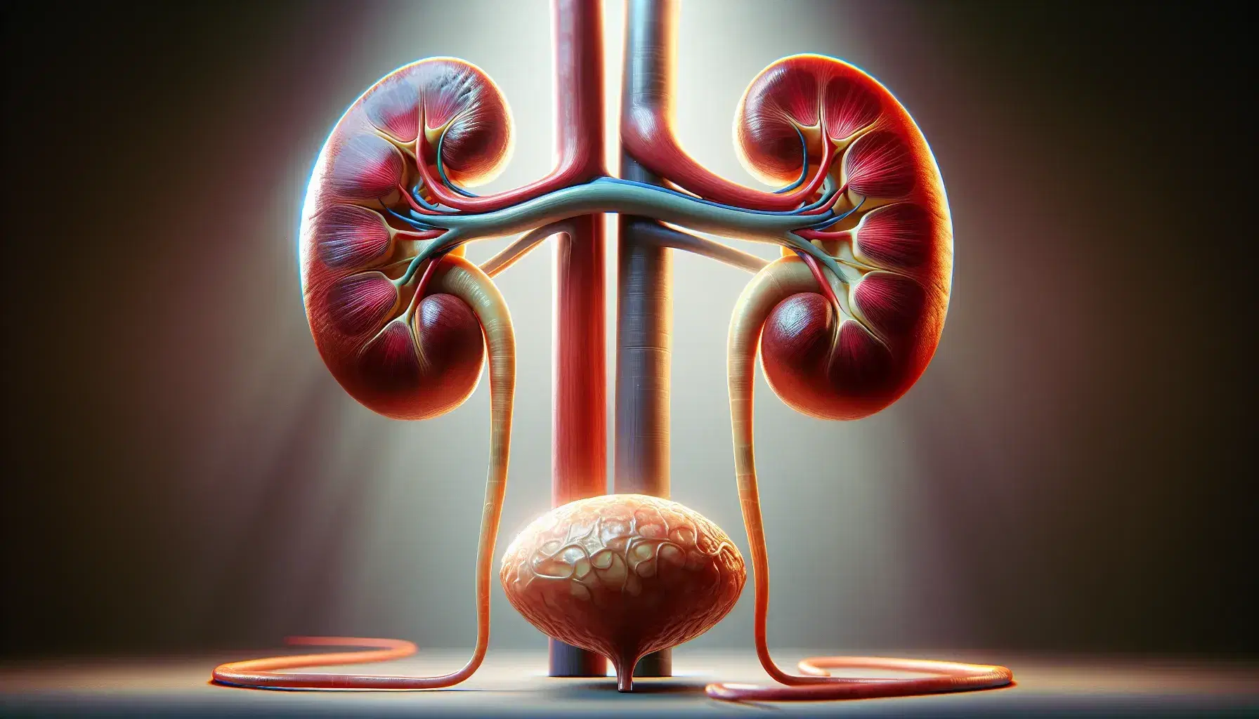 Rappresentazione anatomica dettagliata del sistema urinario umano con rene, uretere e vescica in colori realistici su sfondo neutro.