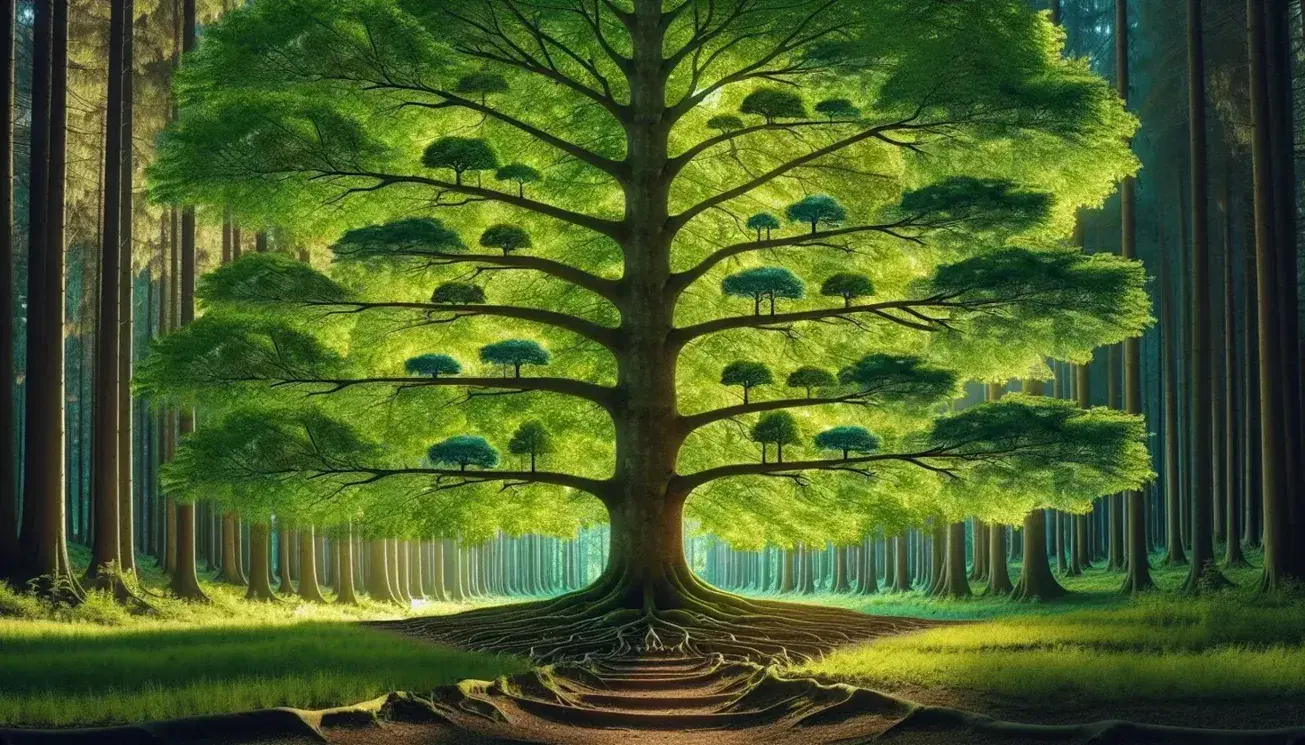 Serene forest scene with trees arranged in a binary tree pattern, green leaves, pastel blue sky and shadows on the ground of brown leaves.