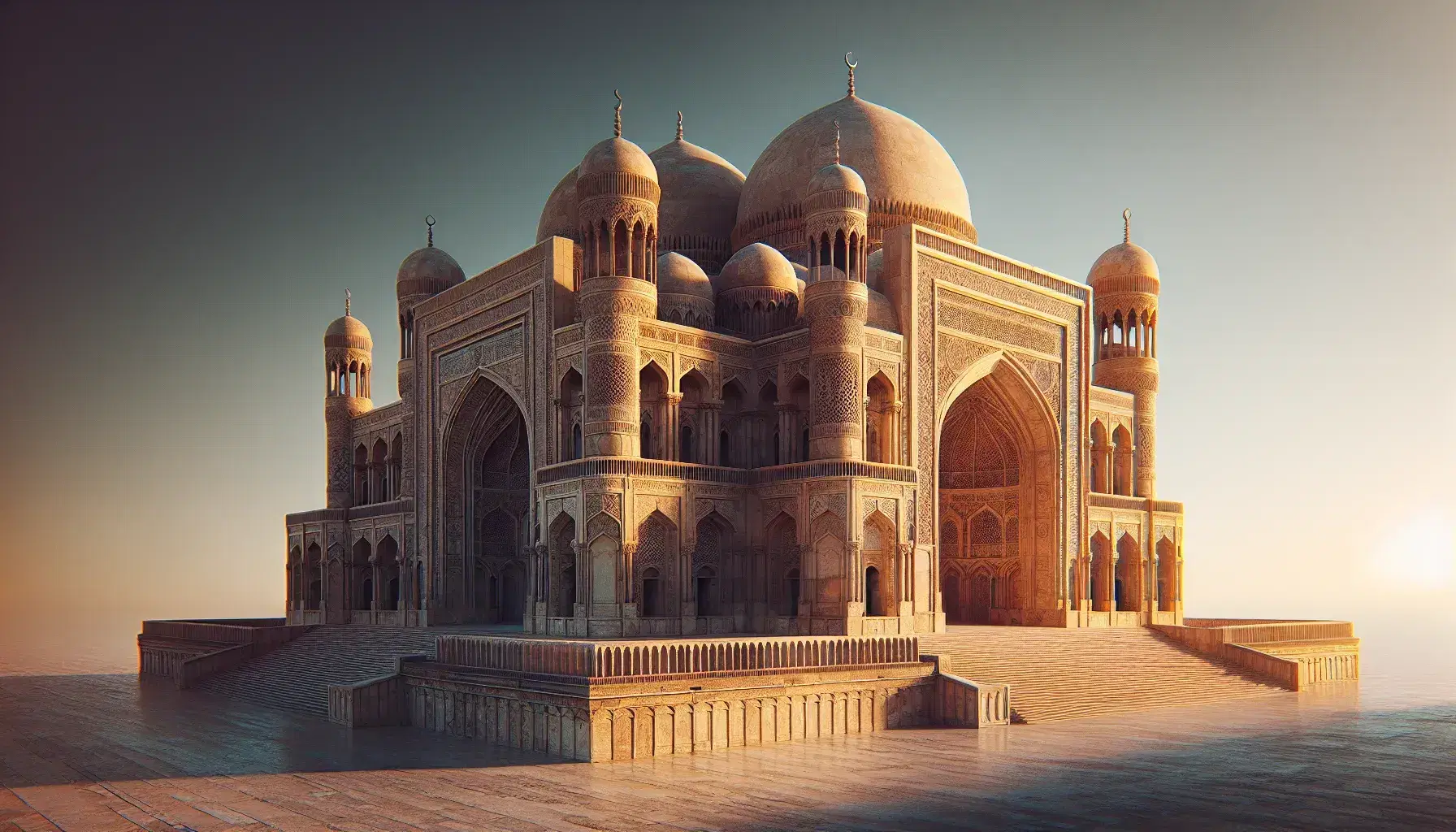 Ancient Seljuk-style stone mausoleum with central and flanking domes under a clear blue sky, surrounded by manicured greenery.